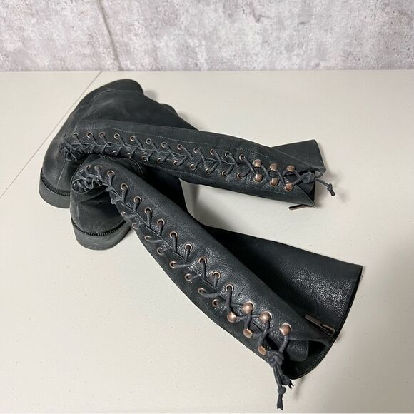 joie Leather Corset Lace Up Distressed Boots - Picture 3 of 10